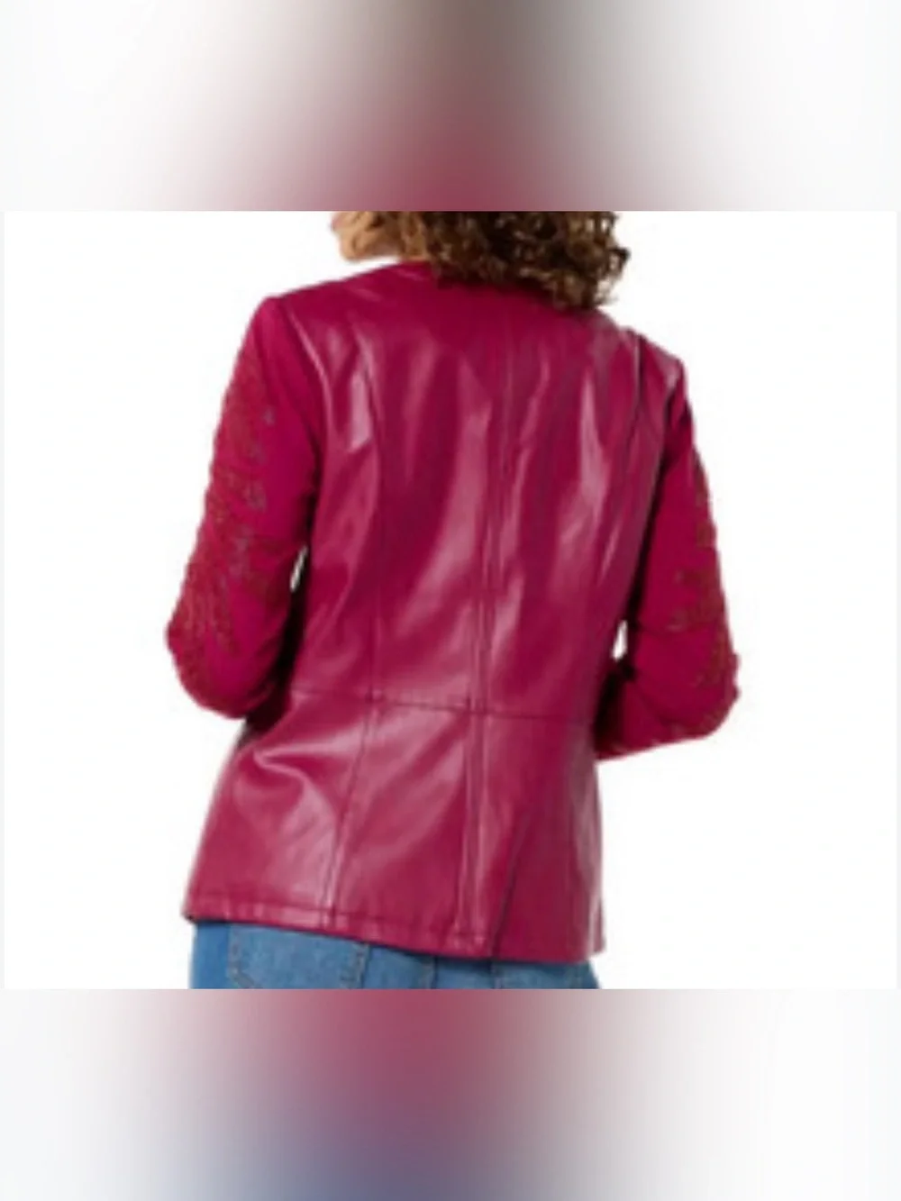 New Colleen Lopez Beaded Mesh Sleeve Faux Leather Jacket Fuchsia Medium